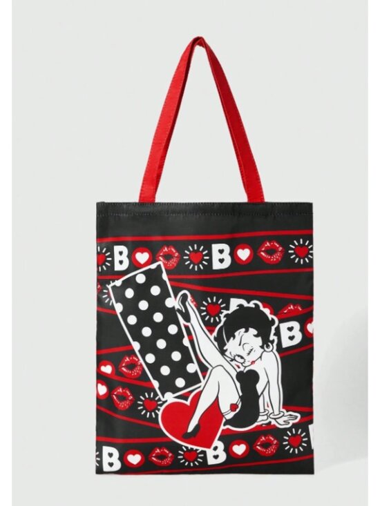 Betty Boop Handbags - Betty Boop Foldable Reusable Shopping Bag Black with Red Hearts & Lips